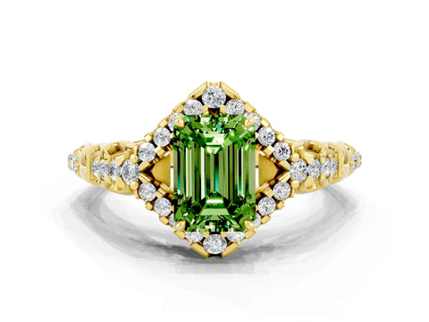 Yellow gold Emerald Cut Peridot Solitaire Ring with Hidden Halo and Pavé Band_12