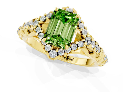 Yellow gold Emerald Cut Peridot Solitaire Ring with Hidden Halo and Pavé Band_13