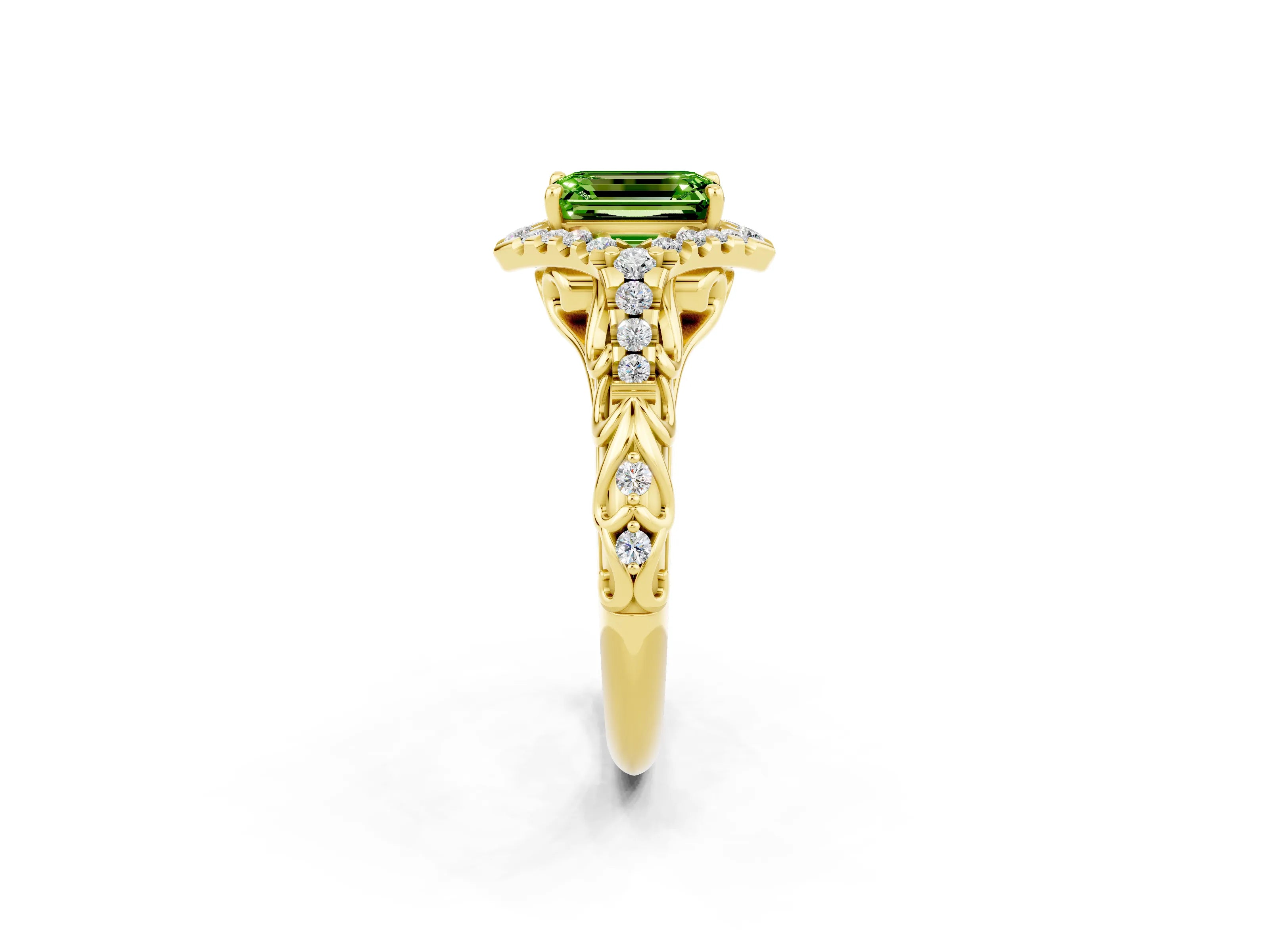 Yellow gold Emerald Cut Peridot Solitaire Ring with Hidden Halo and Pavé Band_14