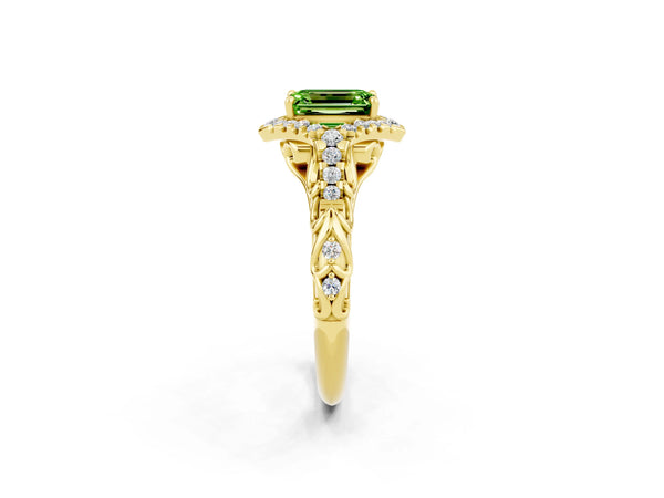 Yellow gold Emerald Cut Peridot Solitaire Ring with Hidden Halo and Pavé Band