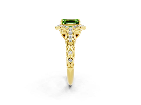 Yellow gold Emerald Cut Peridot Solitaire Ring with Hidden Halo and Pavé Band_14