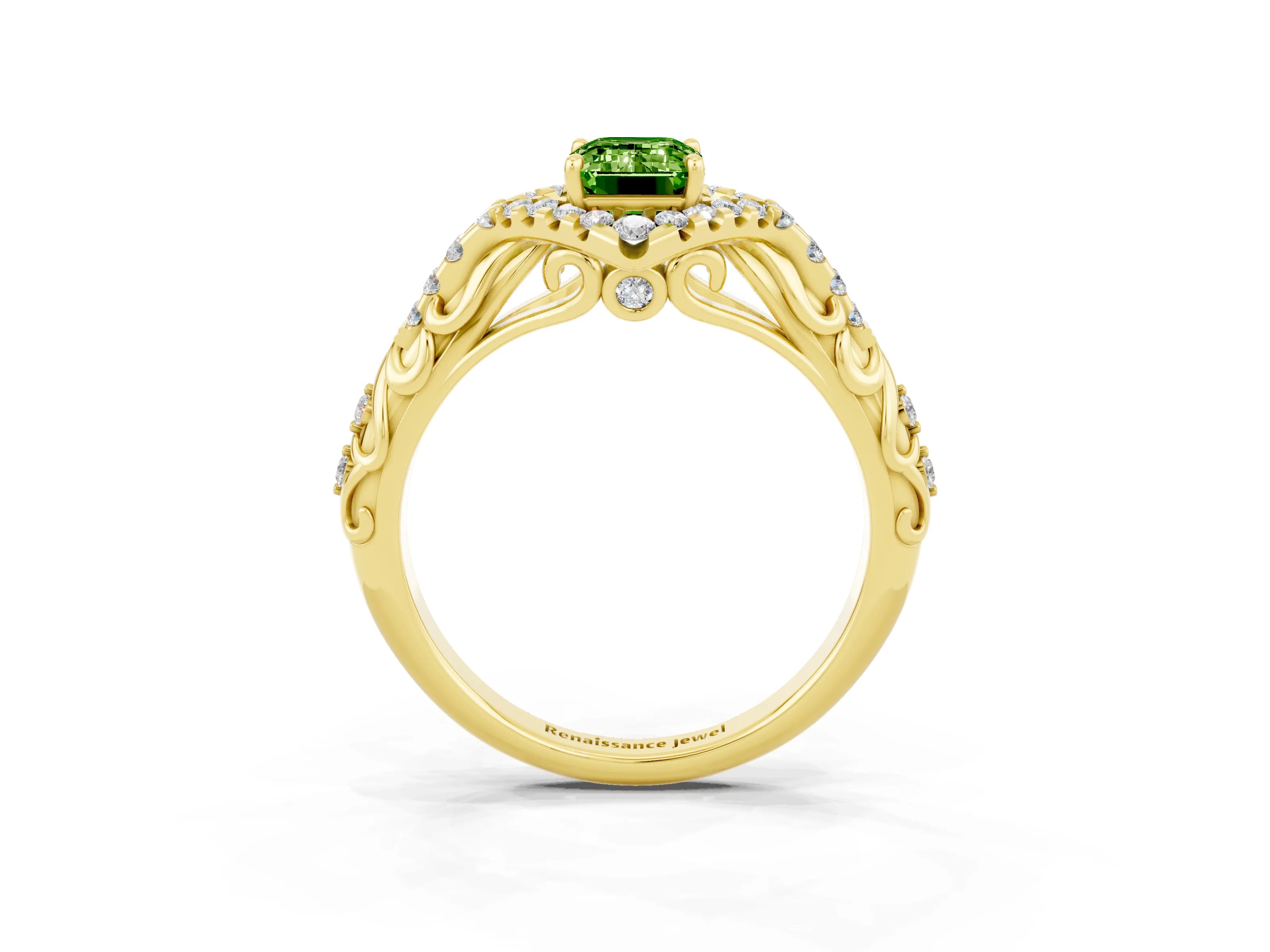 Yellow gold Emerald Cut Peridot Solitaire Ring with Hidden Halo and Pavé Band_15