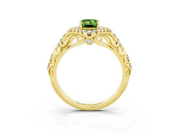 Yellow gold Emerald Cut Peridot Solitaire Ring with Hidden Halo and Pavé Band
