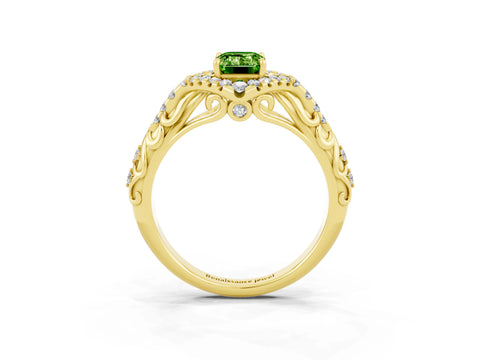 Yellow gold Emerald Cut Peridot Solitaire Ring with Hidden Halo and Pavé Band_15