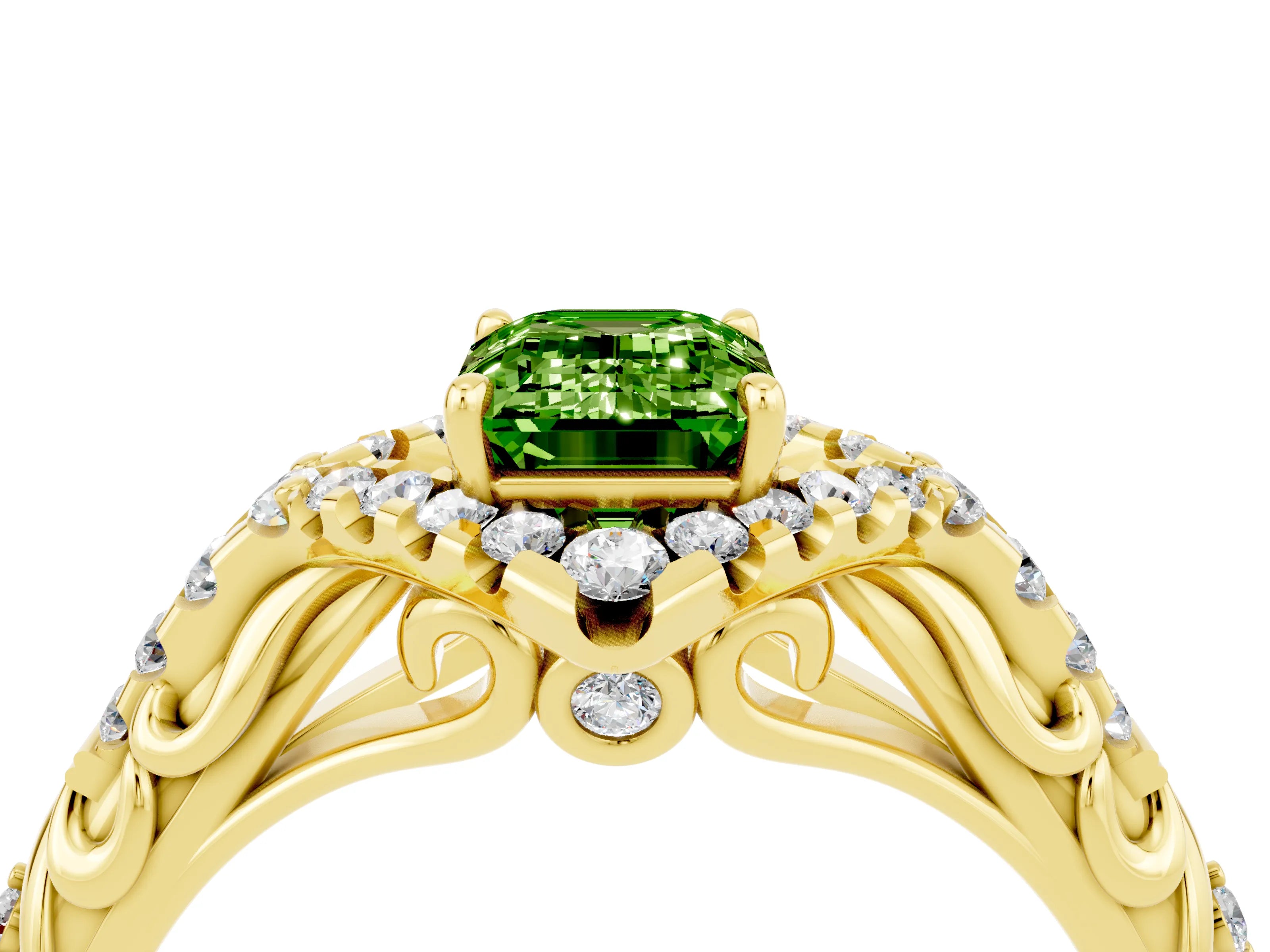 Yellow gold Emerald Cut Peridot Solitaire Ring with Hidden Halo and Pavé Band_16