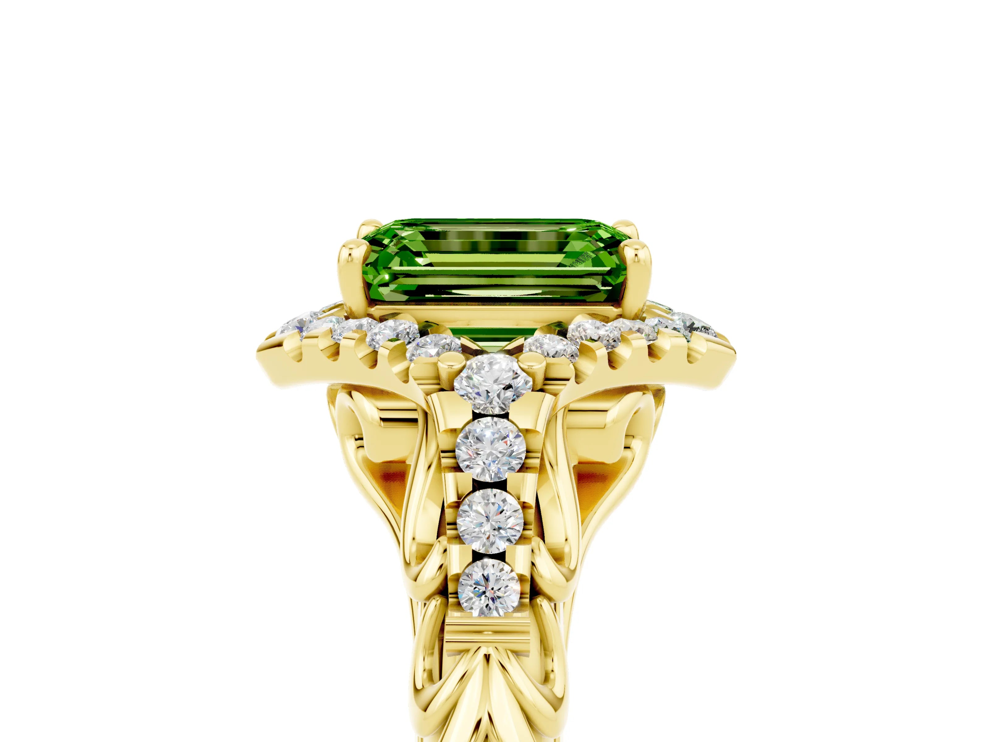 Yellow gold Emerald Cut Peridot Solitaire Ring with Hidden Halo and Pavé Band_17