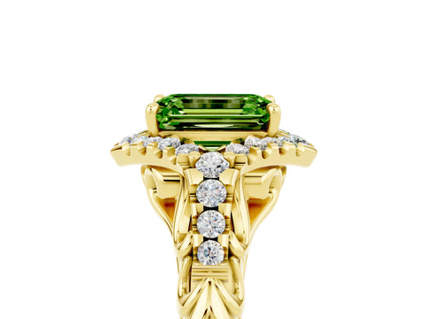 Yellow gold Emerald Cut Peridot Solitaire Ring with Hidden Halo and Pavé Band_17