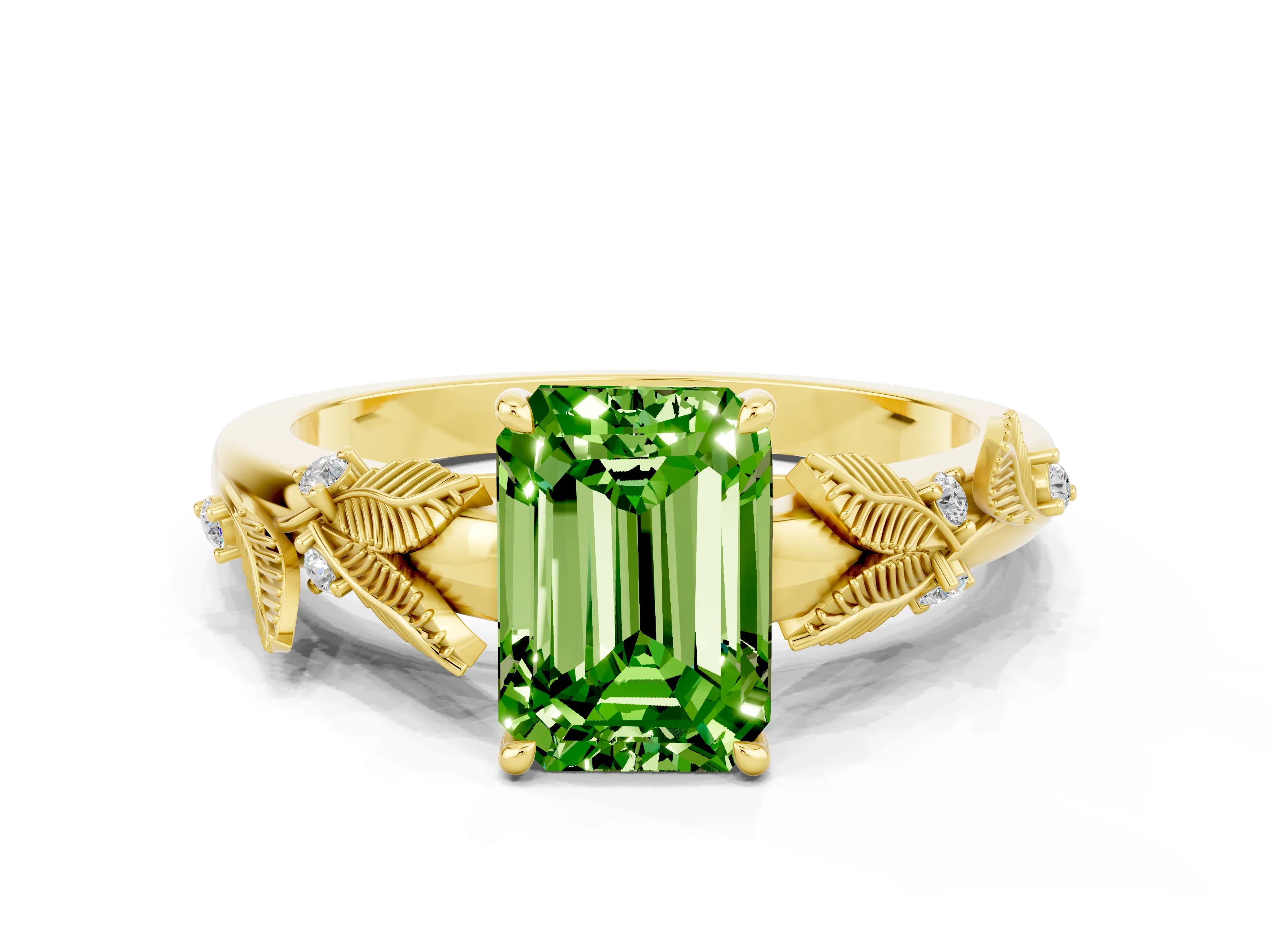 Yellow gold Emerald Cut Peridot Solitaire Ring with Leaf Motif Band and Four-Prong Setting