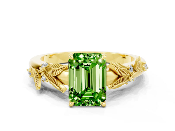 Yellow gold Emerald Cut Peridot Solitaire Ring with Leaf Motif Band and Four-Prong Setting