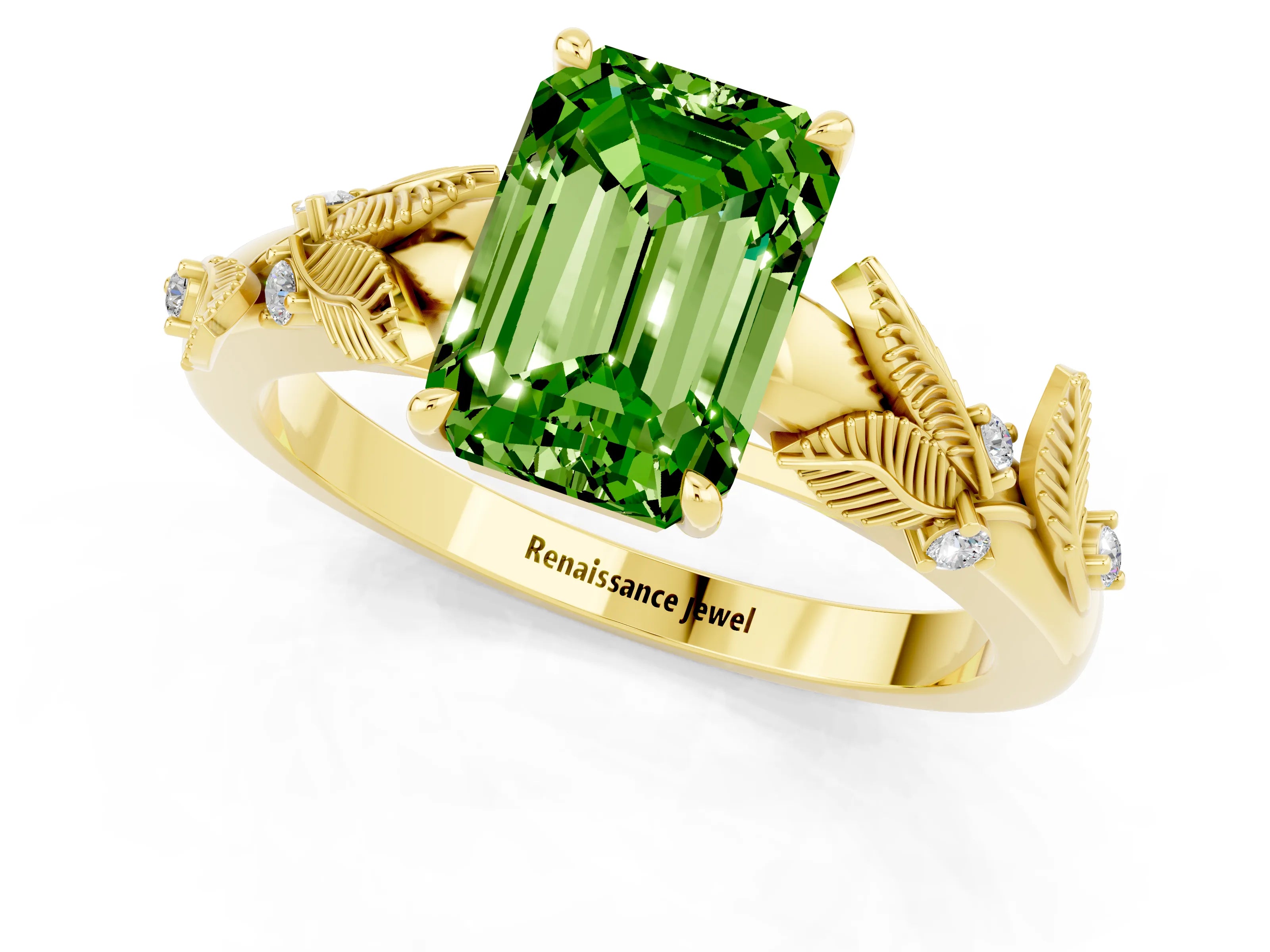 Yellow gold Emerald Cut Peridot Solitaire Ring with Leaf Motif Band and Four-Prong Setting_1