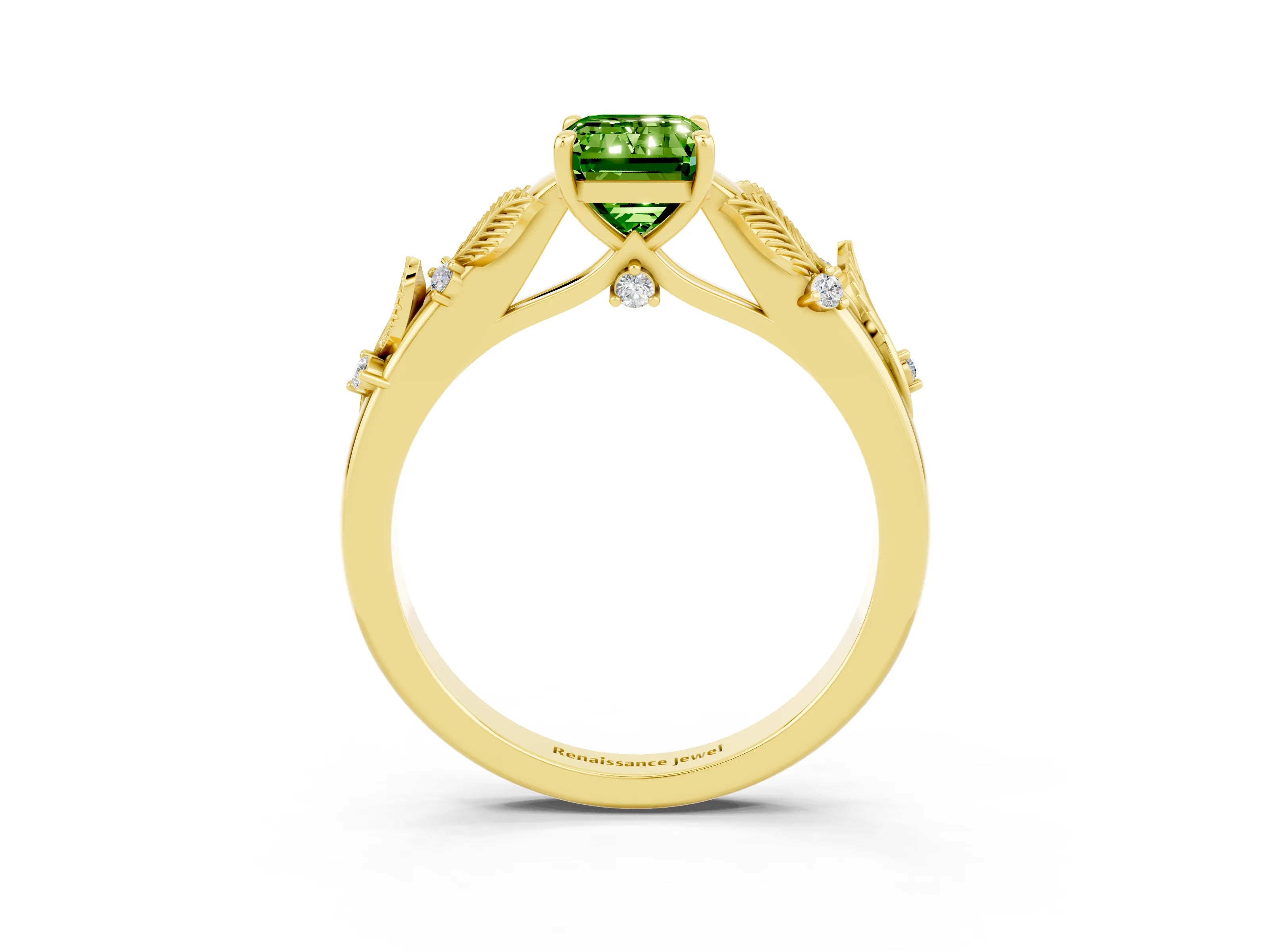 Yellow gold Emerald Cut Peridot Solitaire Ring with Leaf Motif Band and Four-Prong Setting_3