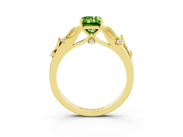 Yellow gold Emerald Cut Peridot Solitaire Ring with Leaf Motif Band and Four-Prong Setting