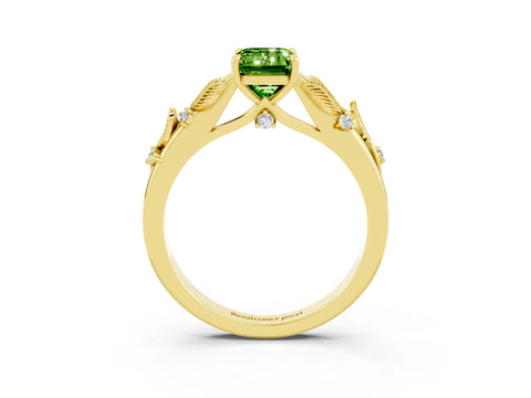 Yellow gold Emerald Cut Peridot Solitaire Ring with Leaf Motif Band and Four-Prong Setting_3
