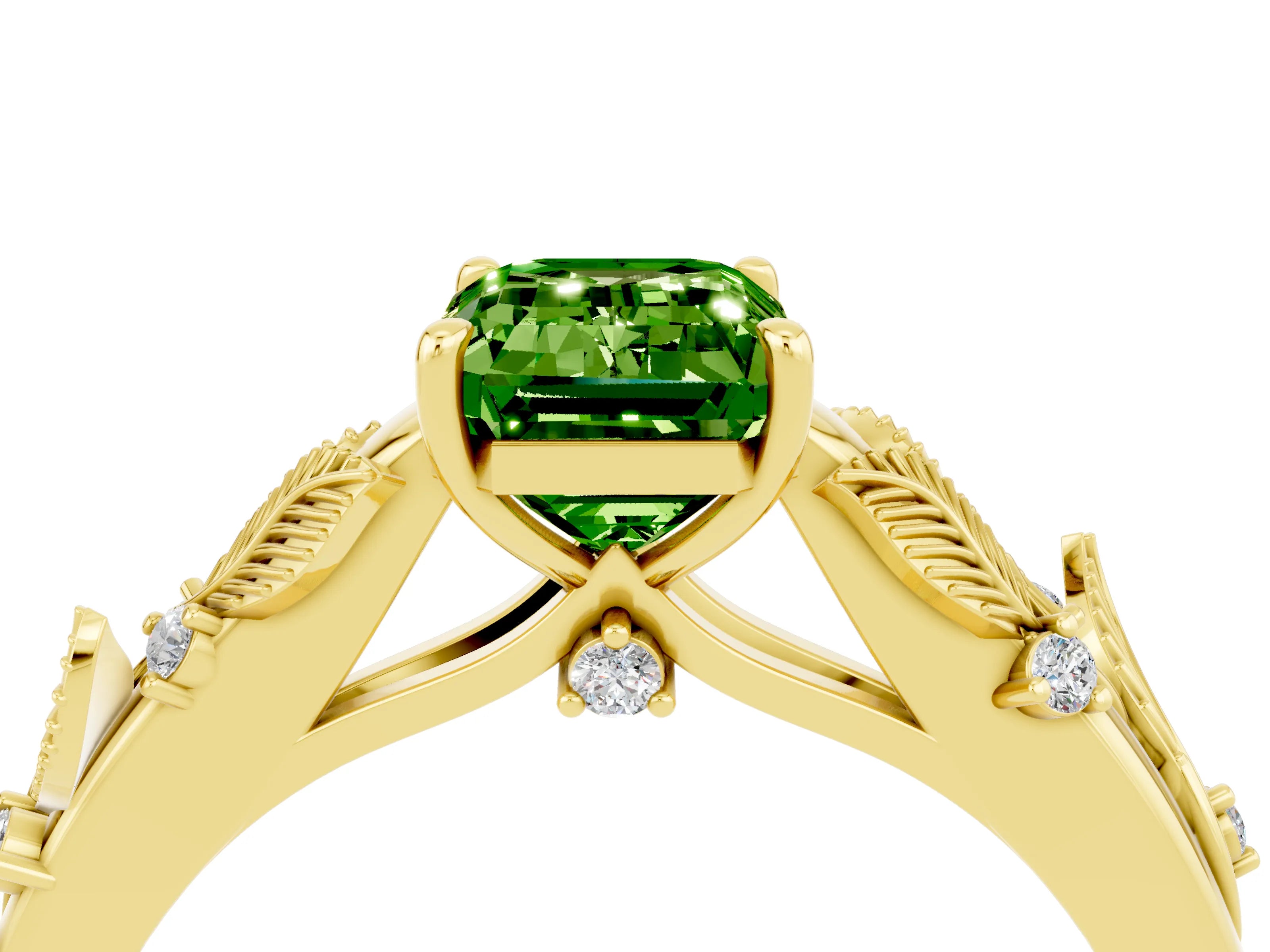 Yellow gold Emerald Cut Peridot Solitaire Ring with Leaf Motif Band and Four-Prong Setting_4