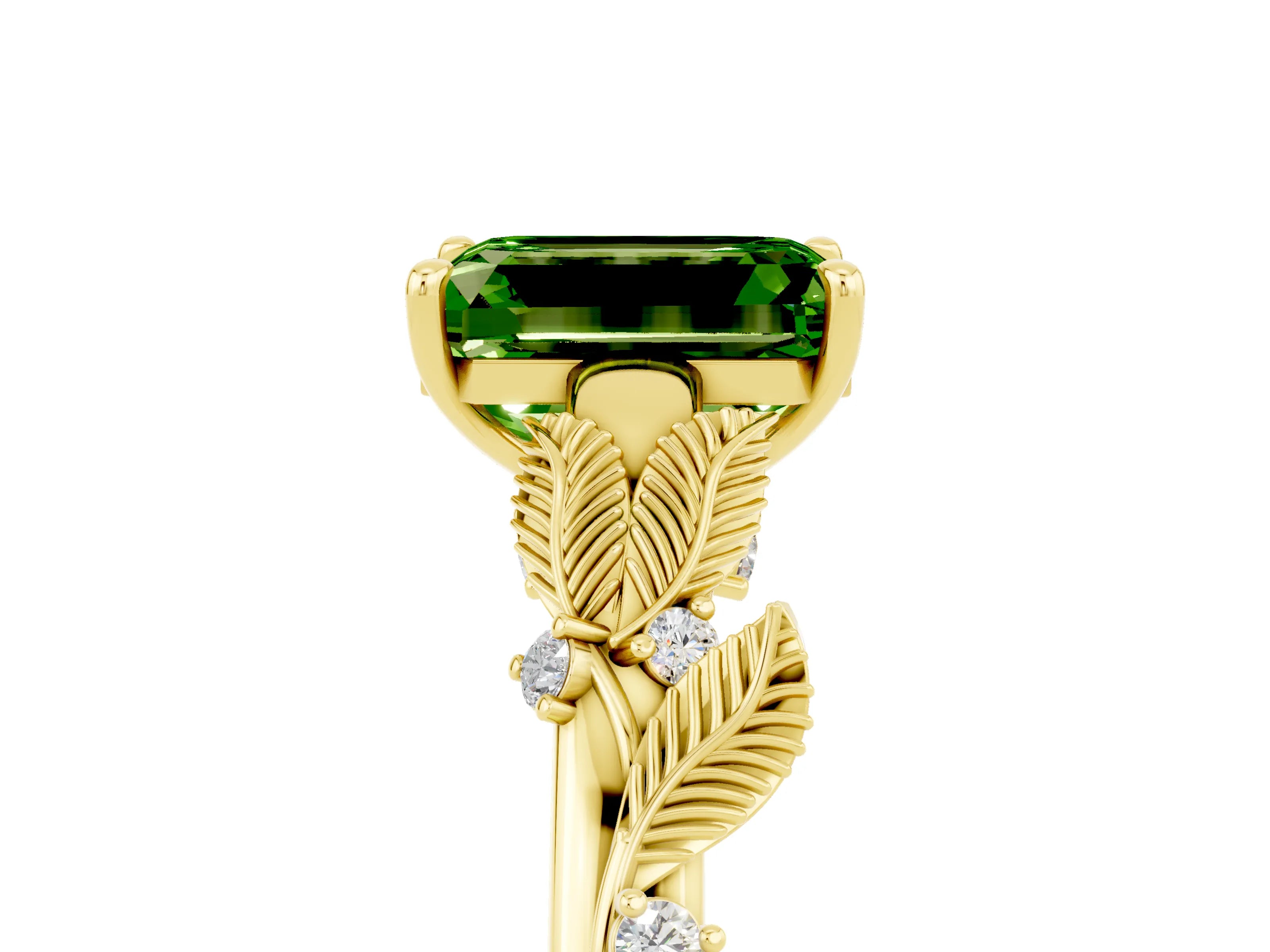 Yellow gold Emerald Cut Peridot Solitaire Ring with Leaf Motif Band and Four-Prong Setting_5