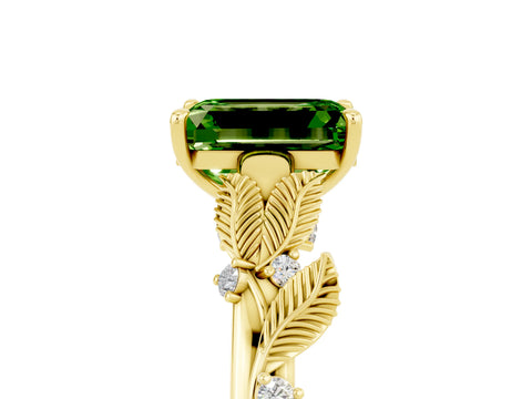 Yellow gold Emerald Cut Peridot Solitaire Ring with Leaf Motif Band and Four-Prong Setting_5