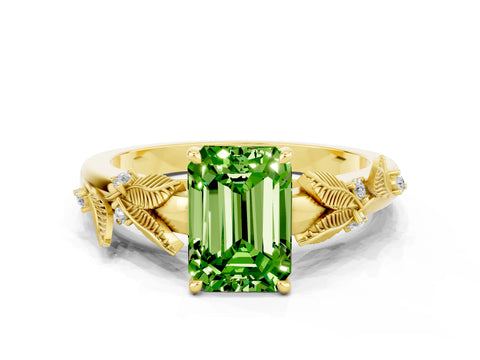 Yellow gold Emerald Cut Peridot Solitaire Ring with Leaf Motif Band and Four-Prong Setting