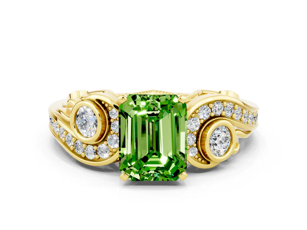 Yellow gold Emerald Cut Peridot Solitaire Ring with Milgrain Pavé Band and Four-Prong Setting