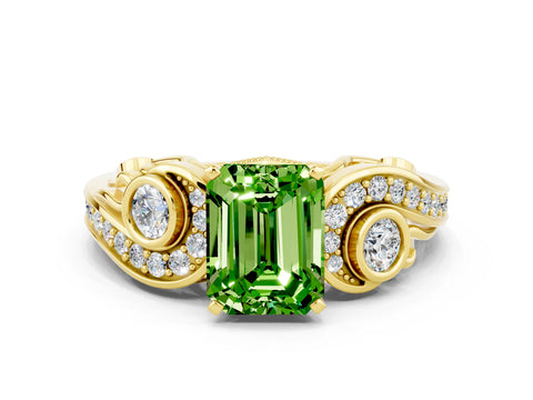 Yellow gold Emerald Cut Peridot Solitaire Ring with Milgrain Pavé Band and Four-Prong Setting_24