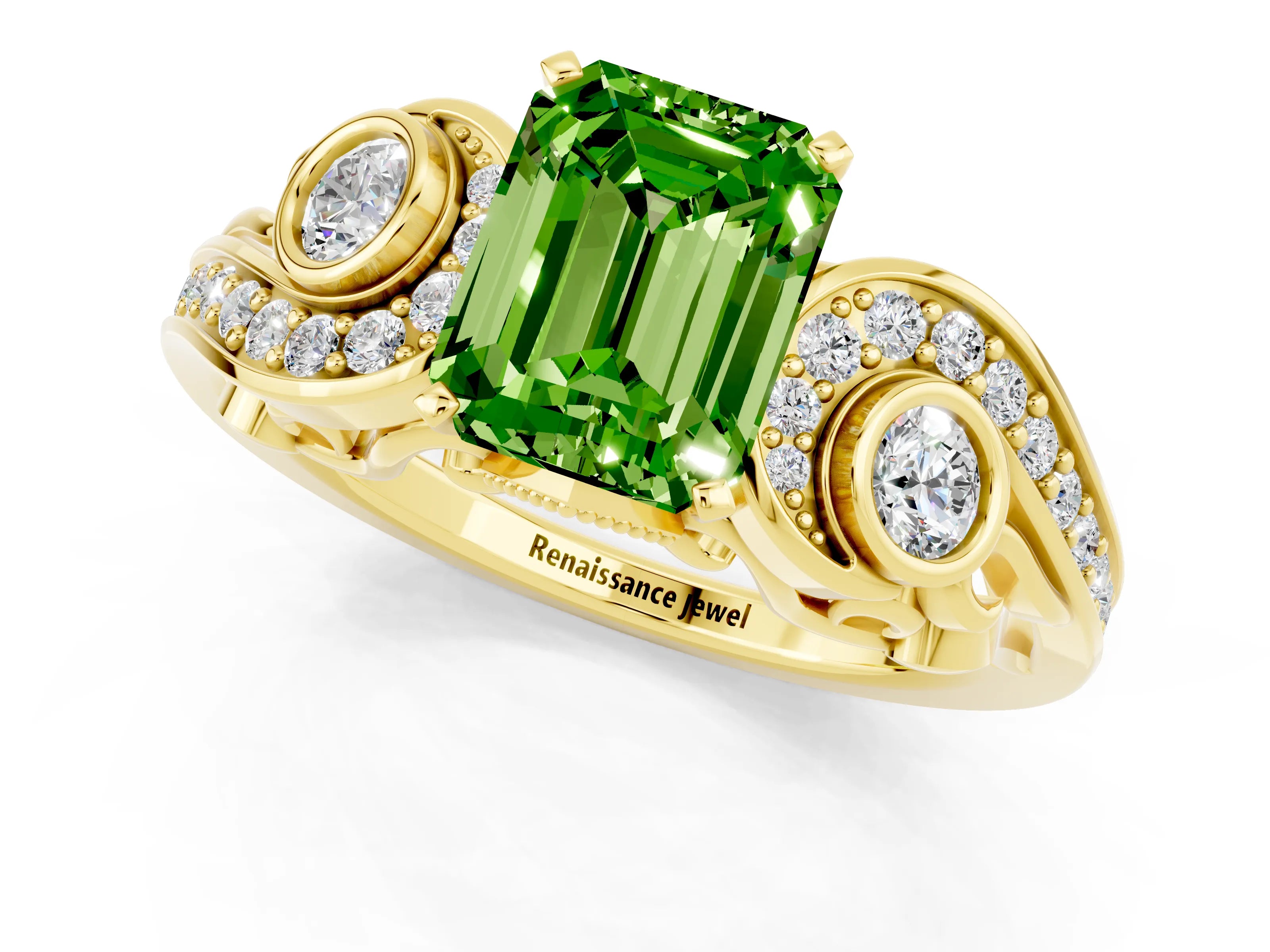 Yellow gold Emerald Cut Peridot Solitaire Ring with Milgrain Pavé Band and Four-Prong Setting_25