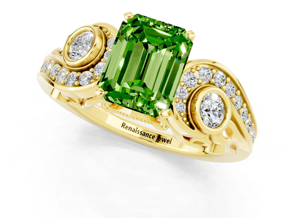 Yellow gold Emerald Cut Peridot Solitaire Ring with Milgrain Pavé Band and Four-Prong Setting