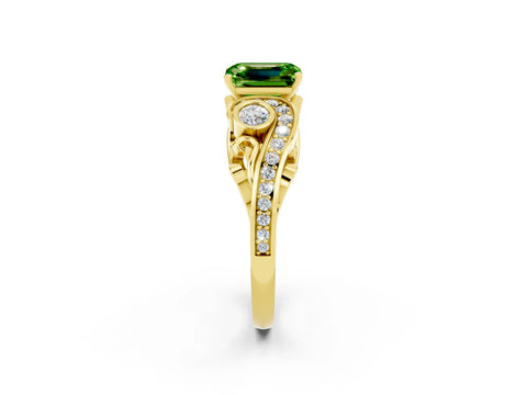 Yellow gold Emerald Cut Peridot Solitaire Ring with Milgrain Pavé Band and Four-Prong Setting_26
