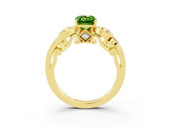 Yellow gold Emerald Cut Peridot Solitaire Ring with Milgrain Pavé Band and Four-Prong Setting