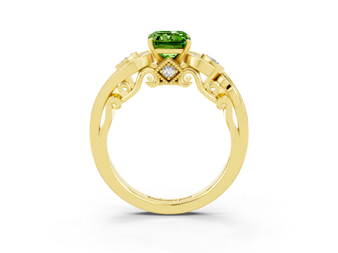 Yellow gold Emerald Cut Peridot Solitaire Ring with Milgrain Pavé Band and Four-Prong Setting_27