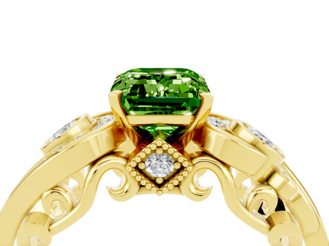 Yellow gold Emerald Cut Peridot Solitaire Ring with Milgrain Pavé Band and Four-Prong Setting_28