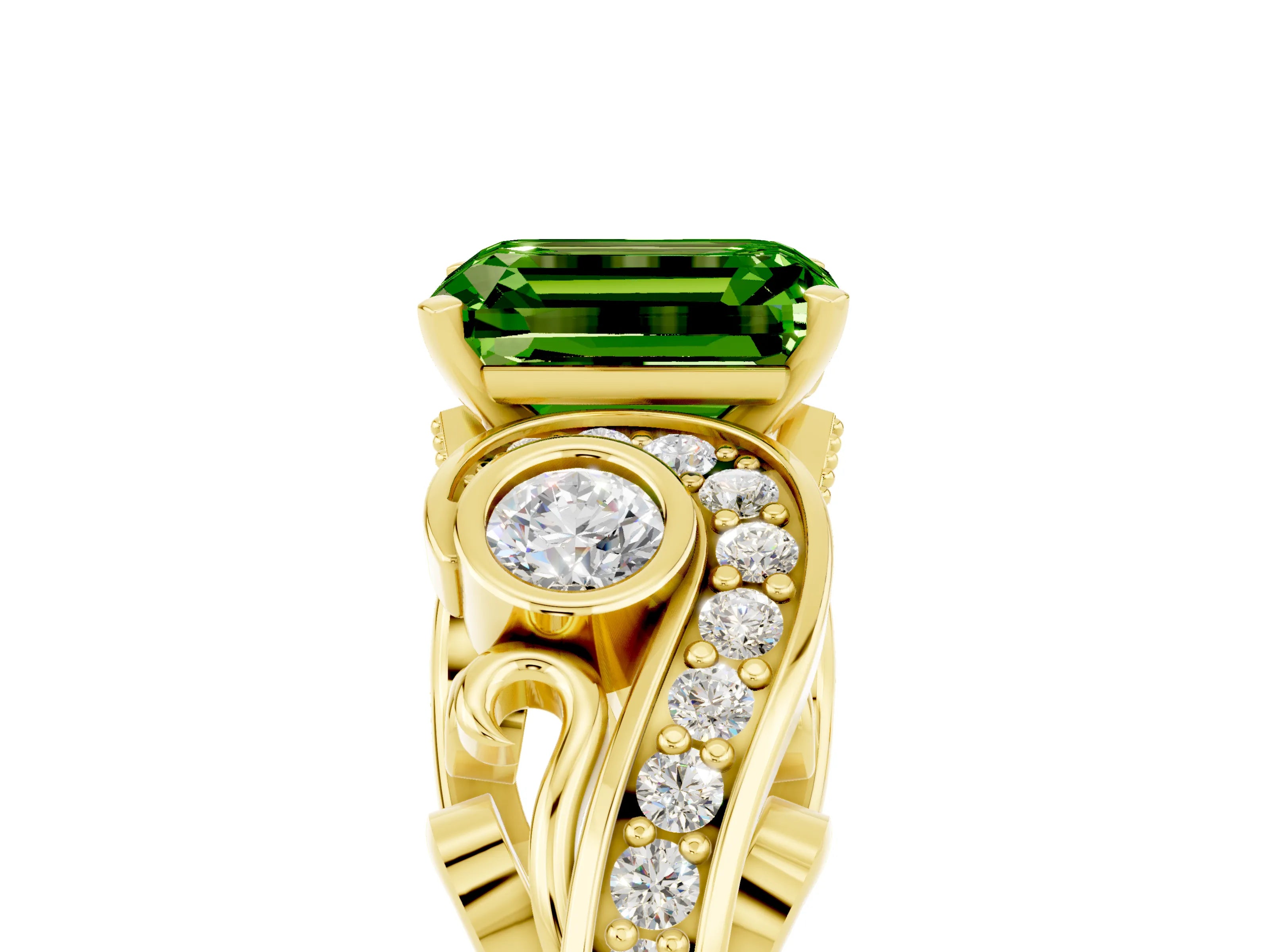 Yellow gold Emerald Cut Peridot Solitaire Ring with Milgrain Pavé Band and Four-Prong Setting_29