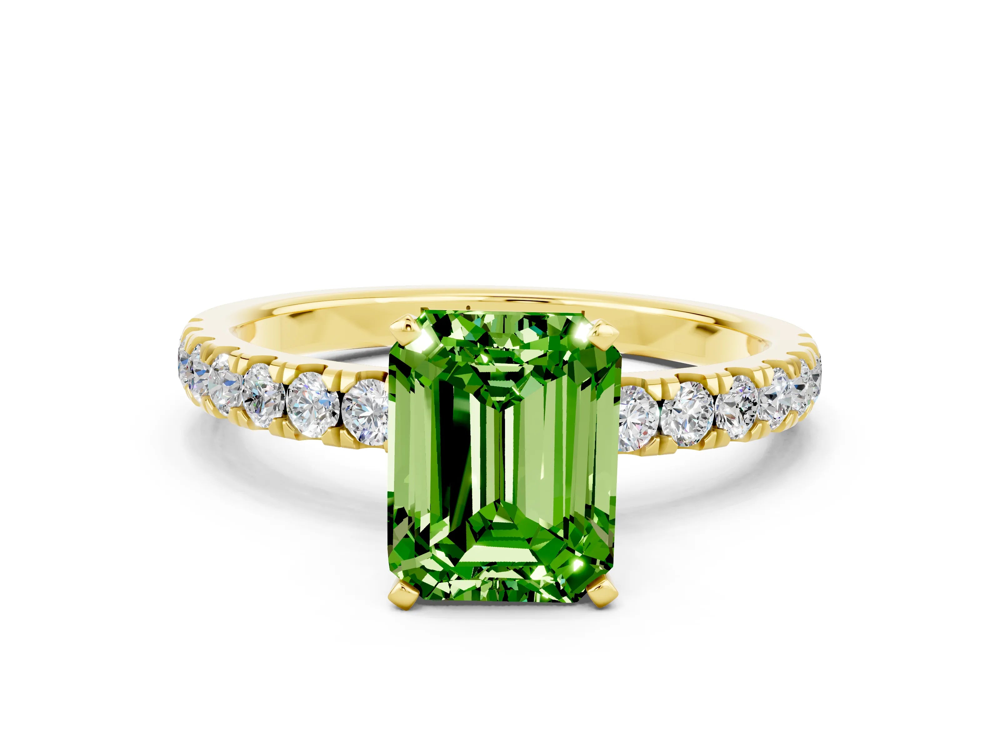 Yellow gold Emerald Cut Peridot Solitaire Ring with Pavé Accents and Four-Prong Setting