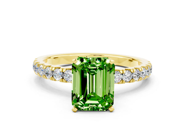 Yellow gold Emerald Cut Peridot Solitaire Ring with Pavé Accents and Four-Prong Setting