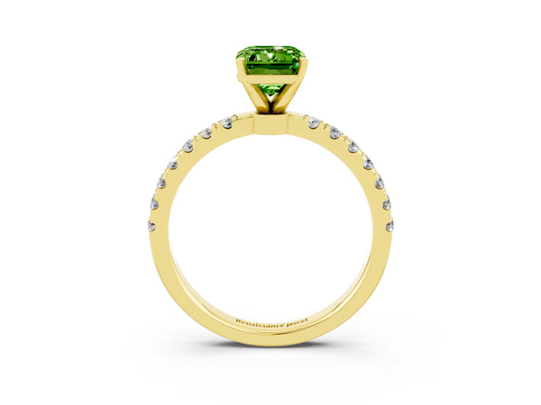 Yellow gold Emerald Cut Peridot Solitaire Ring with Pavé Accents and Four-Prong Setting