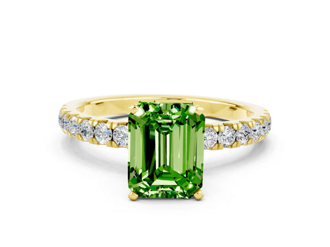 Yellow gold Emerald Cut Peridot Solitaire Ring with Pavé Accents and Four-Prong Setting