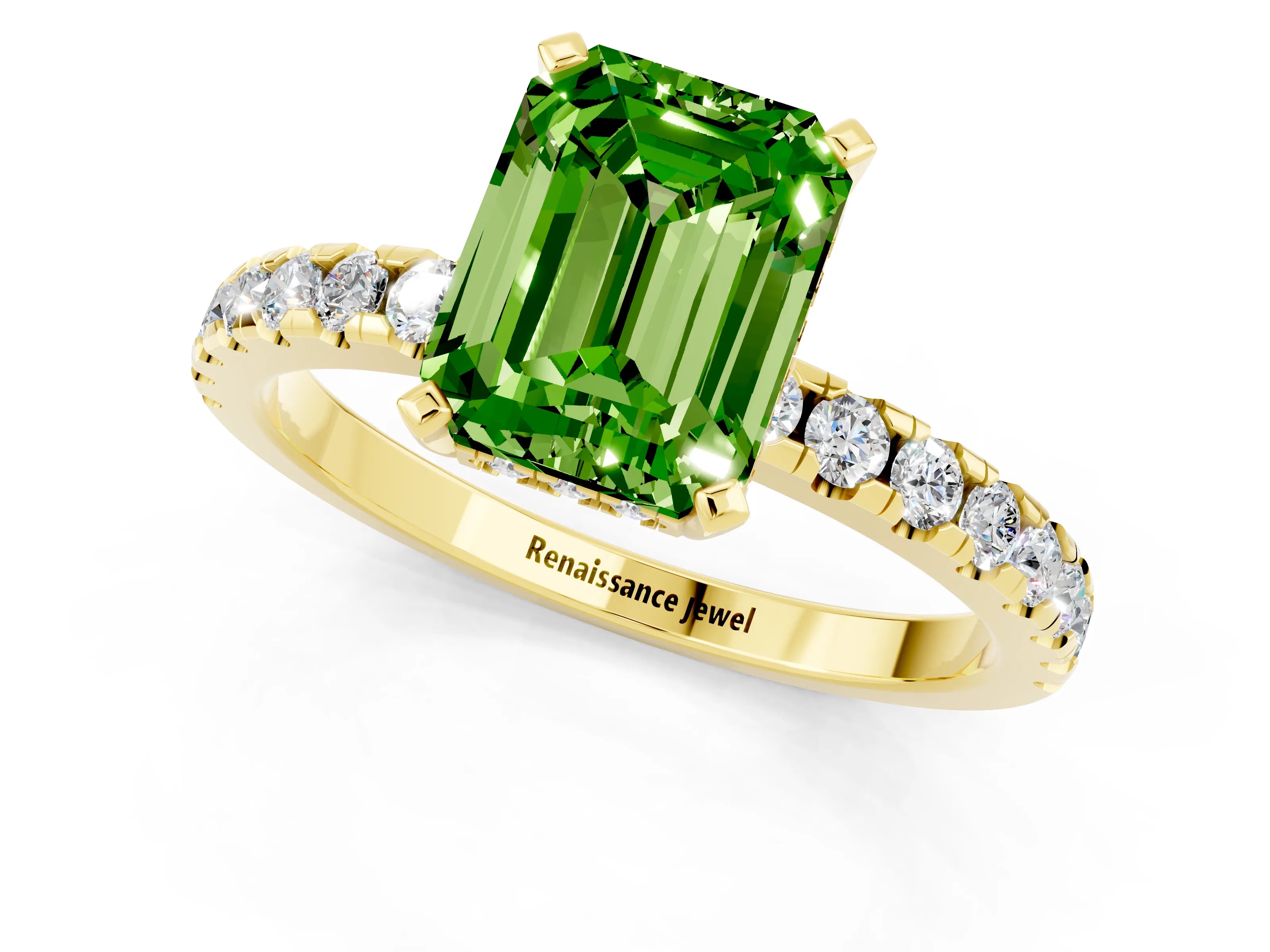 Yellow gold Emerald Cut Peridot Solitaire Ring with Pavé Band and Four-Prong Setting_25