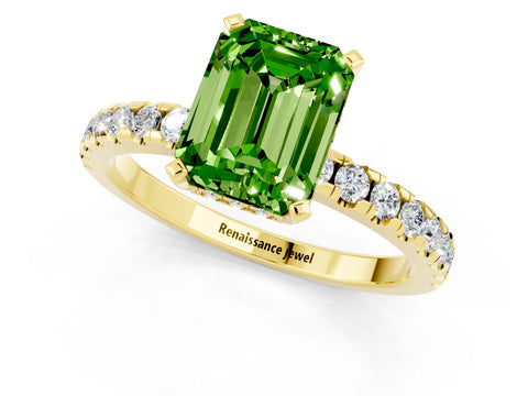 Yellow gold Emerald Cut Peridot Solitaire Ring with Pavé Band and Four-Prong Setting_25