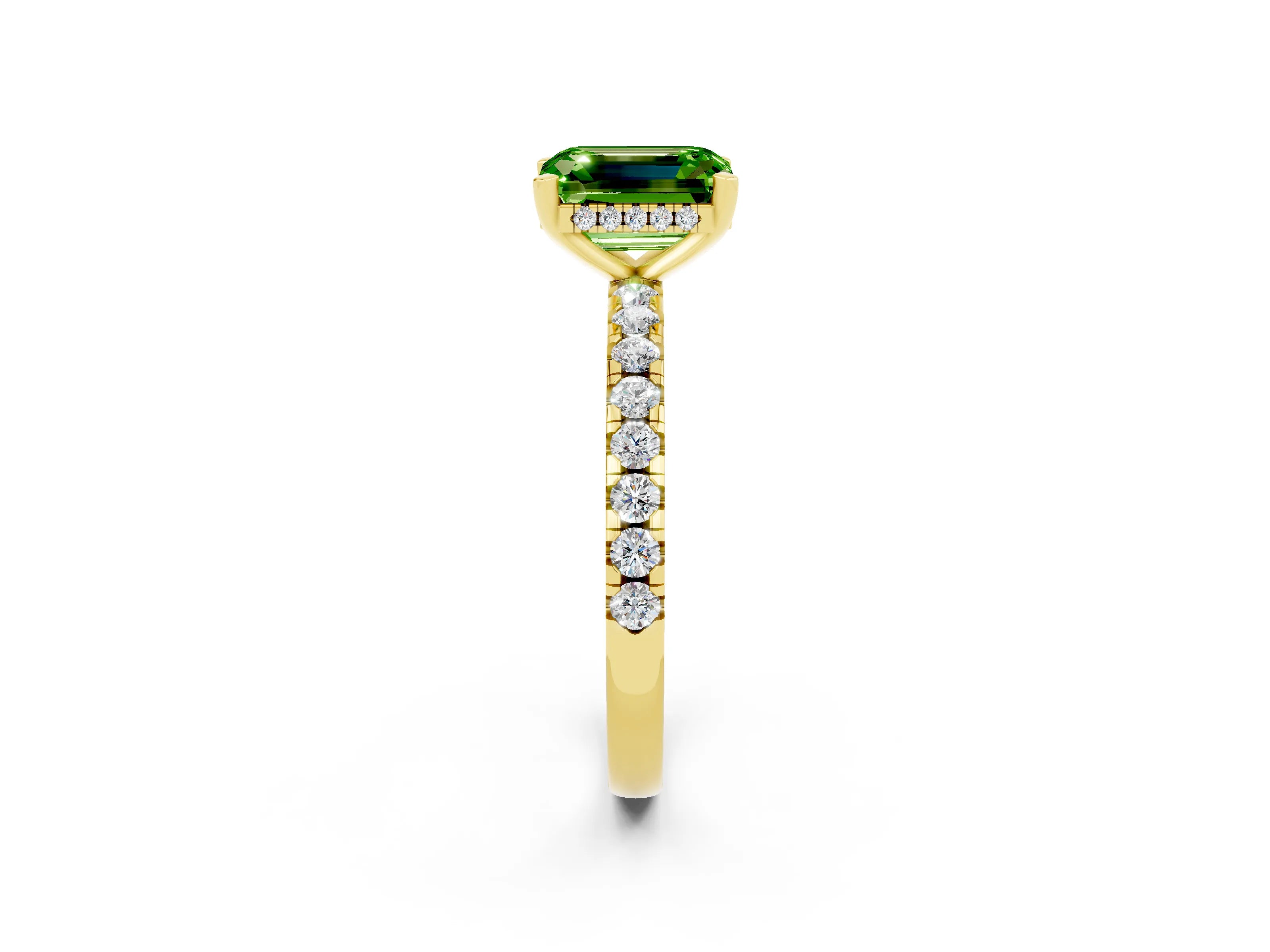 Yellow gold Emerald Cut Peridot Solitaire Ring with Pavé Band and Four-Prong Setting_26