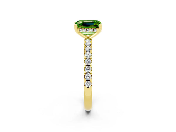 Yellow gold Emerald Cut Peridot Solitaire Ring with Round  Pavé Band and Four-Prong Setting