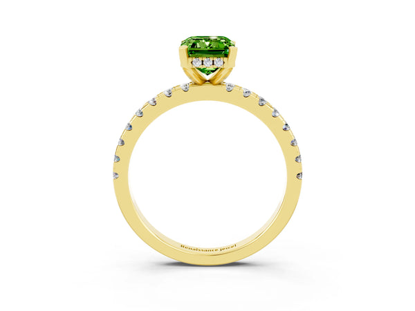 Yellow gold Emerald Cut Peridot Solitaire Ring with Round  Pavé Band and Four-Prong Setting