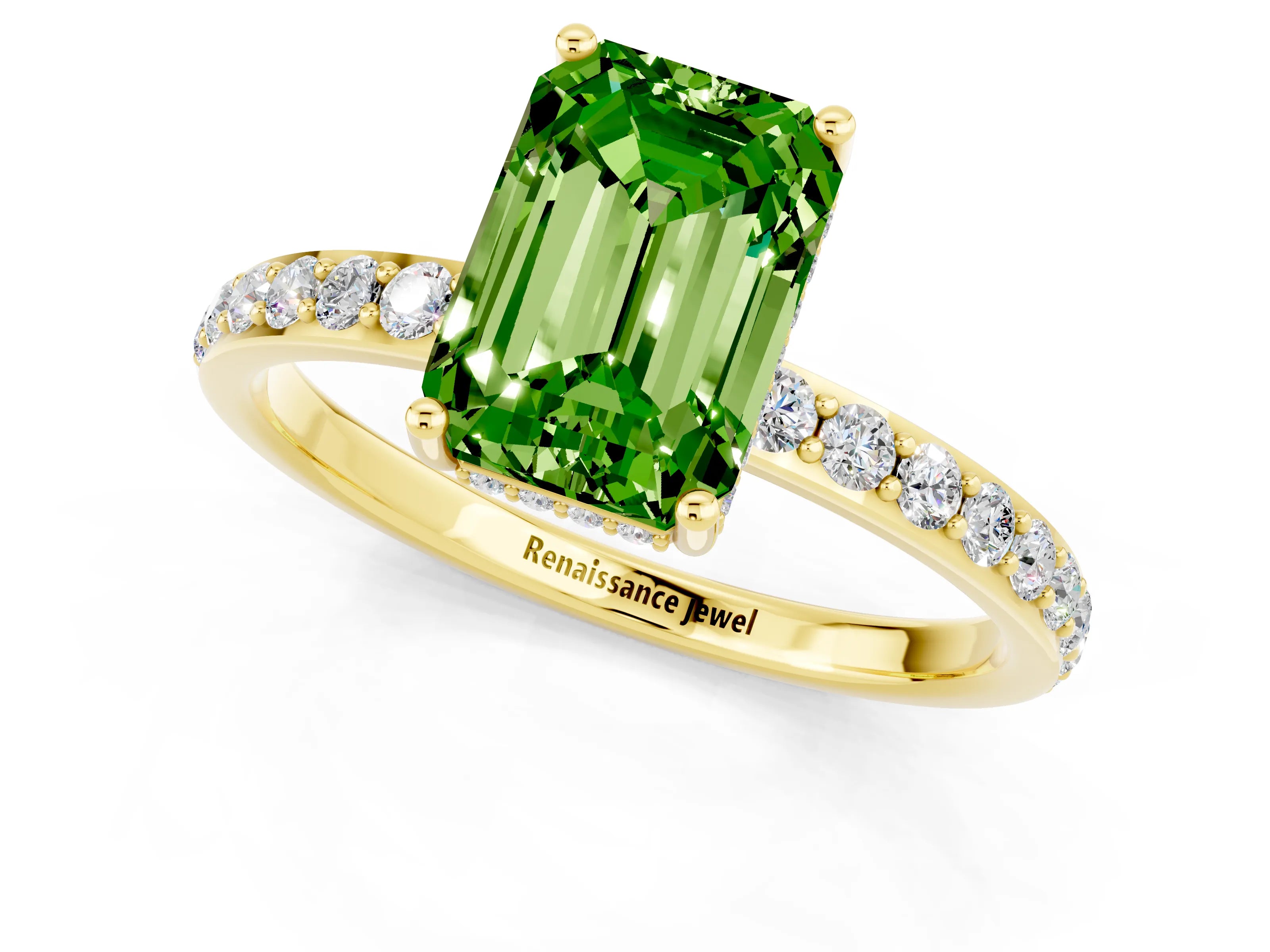 Yellow gold Emerald Cut Peridot Solitaire Ring with Pavé Band and Hidden Halo_13