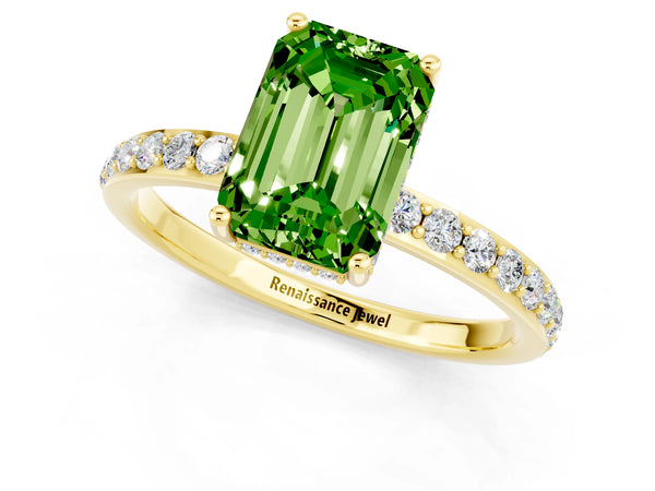 Yellow gold Emerald Cut Peridot Solitaire Ring with Pavé Band and Hidden Halo