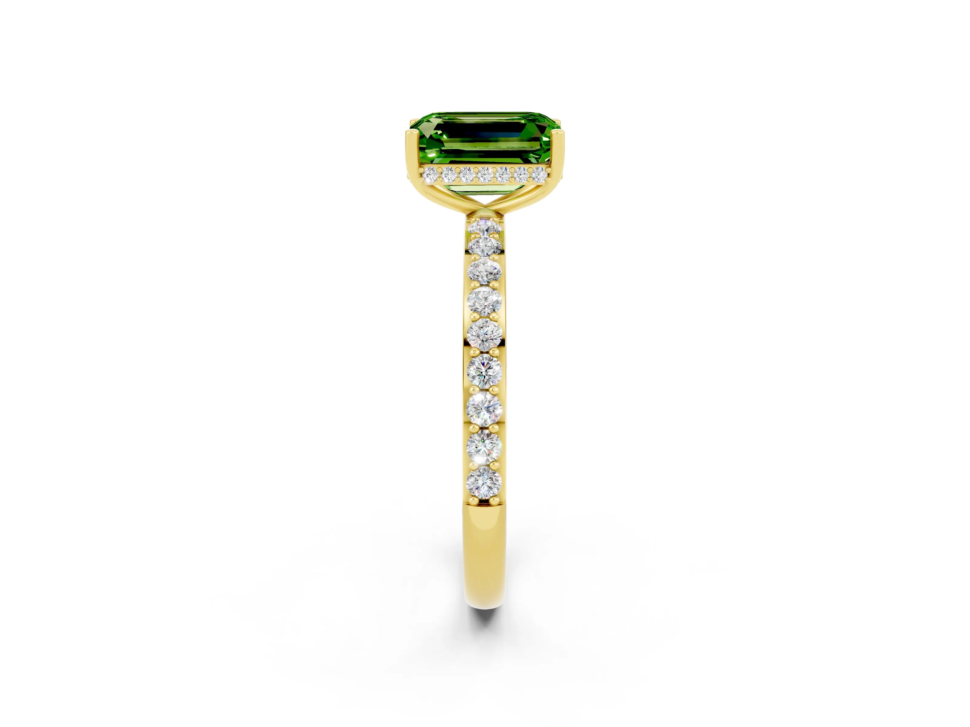 Yellow gold Emerald Cut Peridot Solitaire Ring with Pavé Band and Hidden Halo_14