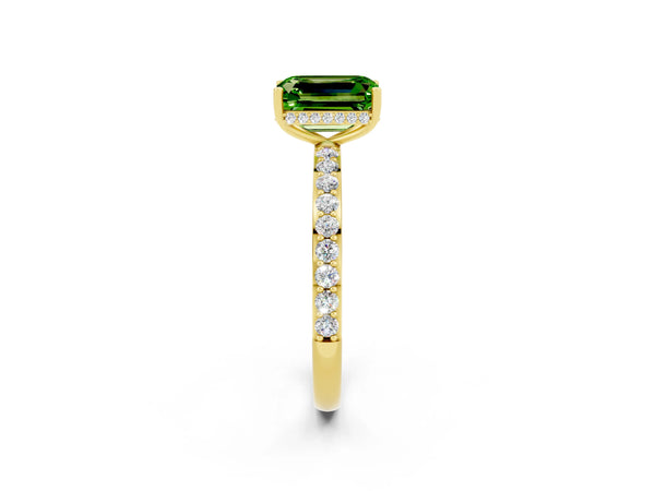 Yellow gold Emerald Cut Peridot Solitaire Ring with Pavé Band and Hidden Halo