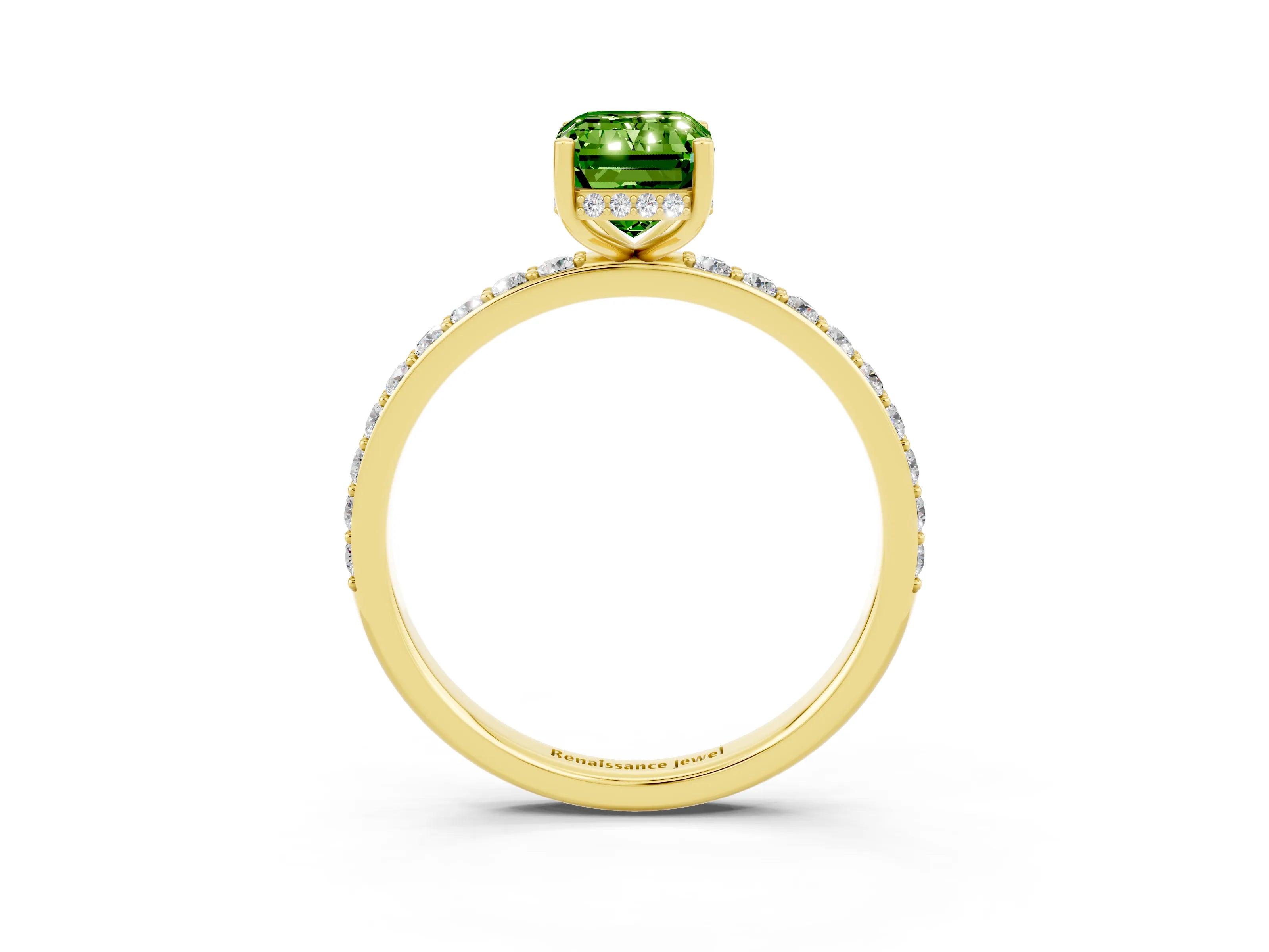 Yellow gold Emerald Cut Peridot Solitaire Ring with Pavé Band and Hidden Halo_15