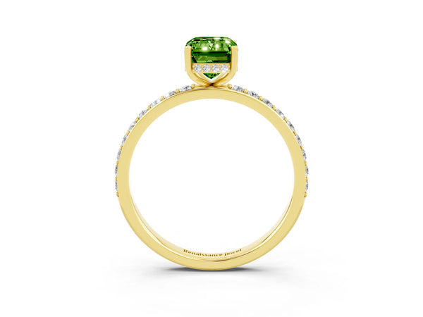 Yellow gold Emerald Cut Peridot Solitaire Ring with Pavé Band and Hidden Halo