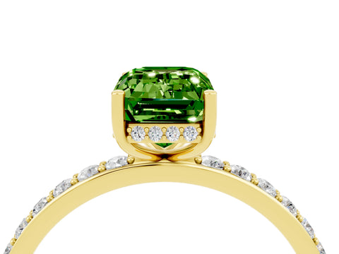Yellow gold Emerald Cut Peridot Solitaire Ring with Pavé Band and Hidden Halo_16