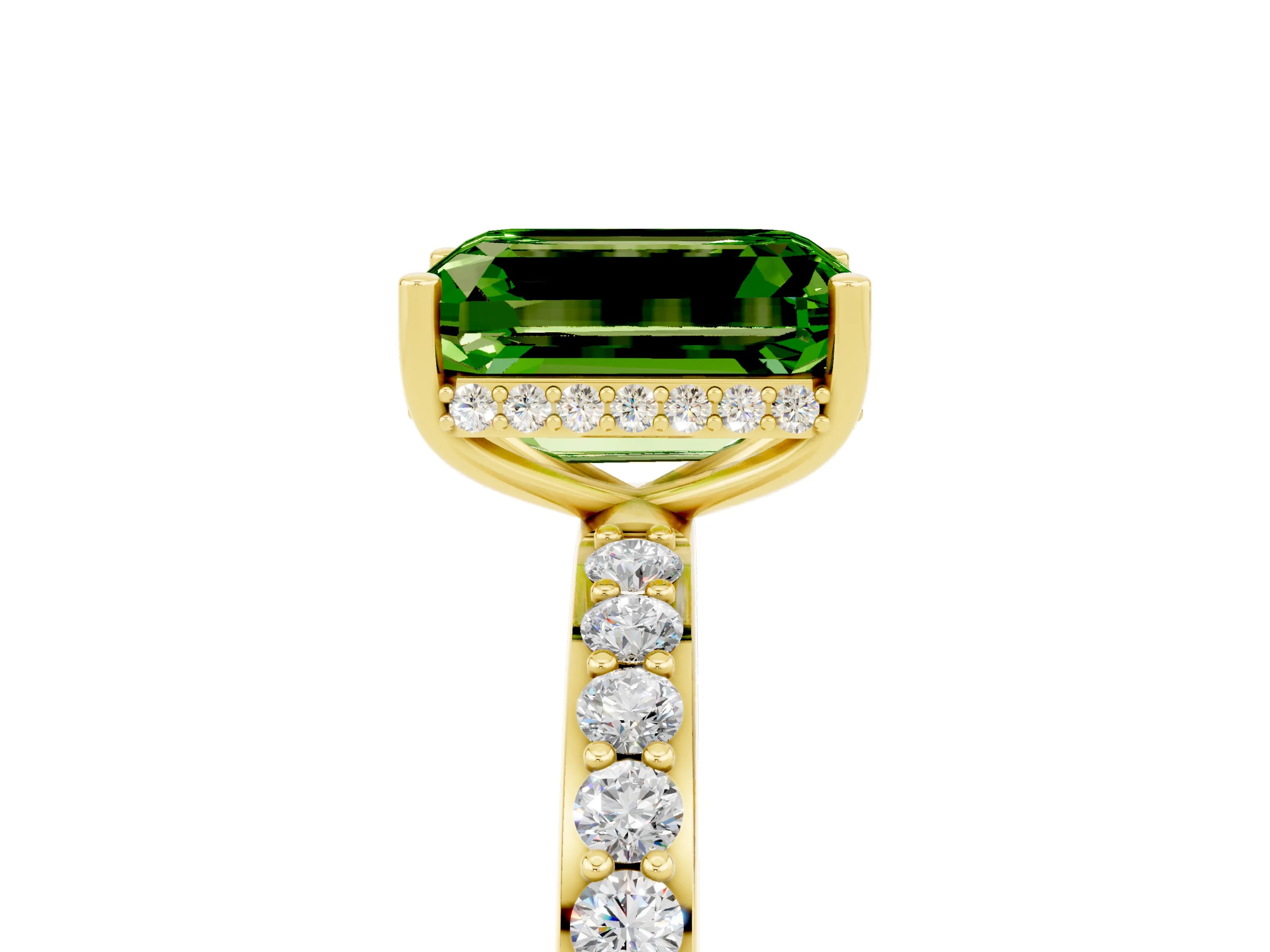 Yellow gold Emerald Cut Peridot Solitaire Ring with Pavé Band and Hidden Halo_17