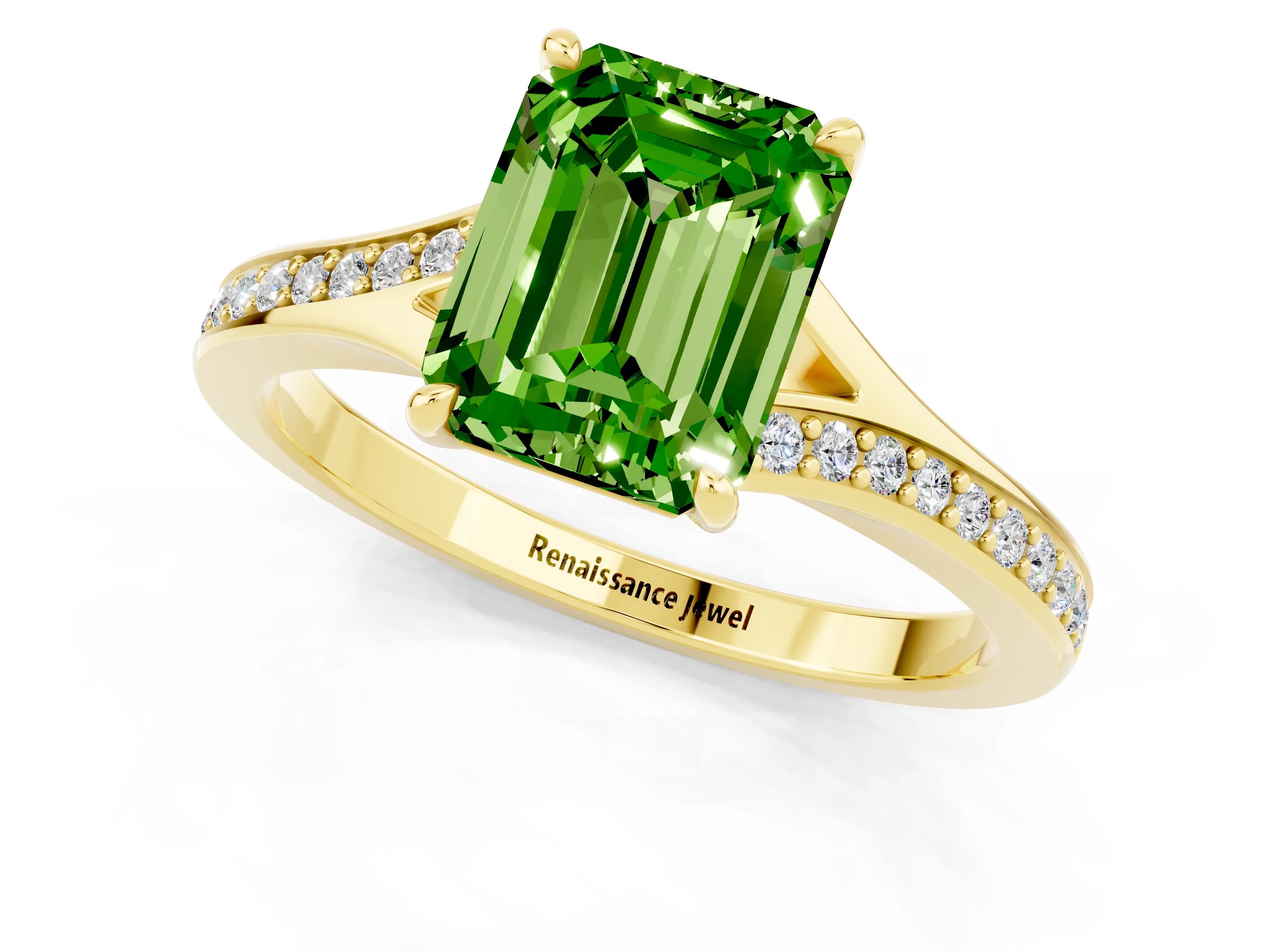 Yellow gold Emerald Cut Peridot Solitaire Ring with Pavé Band and Prong Setting_1
