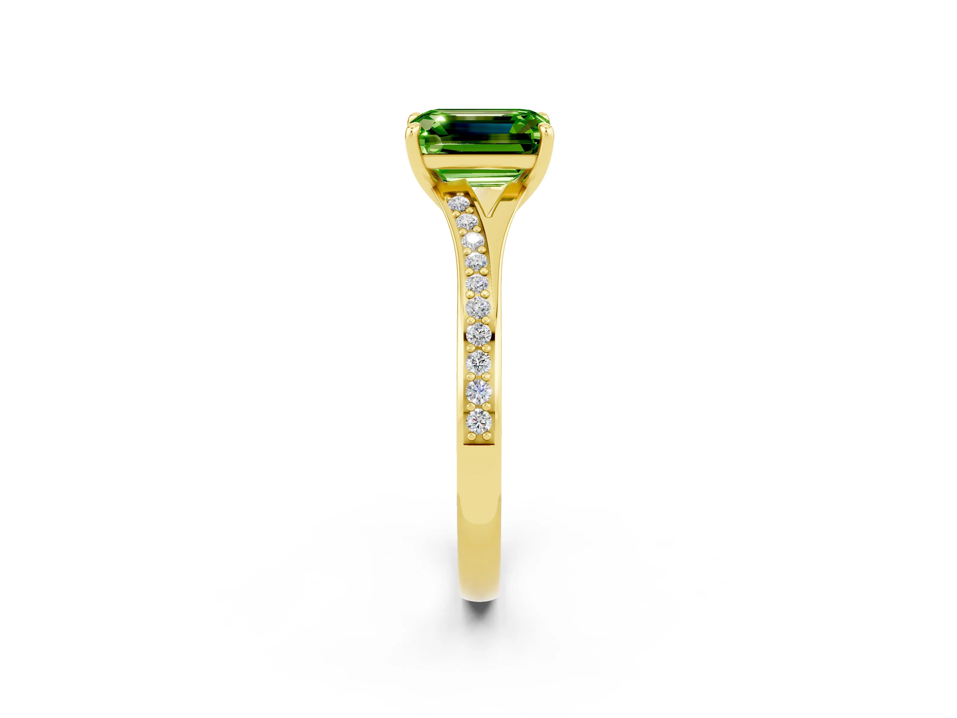 Yellow gold Emerald Cut Peridot Solitaire Ring with Pavé Band and Prong Setting_2