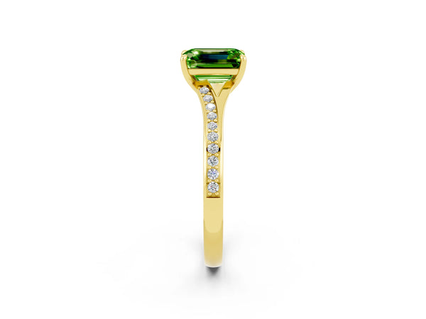 Yellow gold Emerald Cut Peridot Solitaire Ring with Pavé Band and Prong Setting
